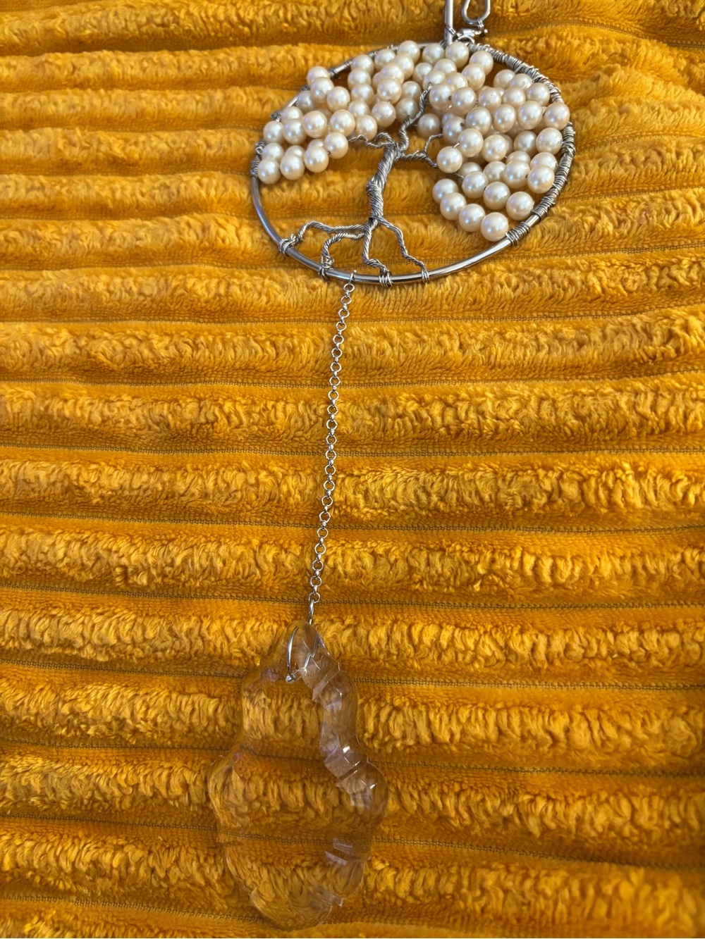 Hand Crafted Tree of Life Sun Catcher with Pearl Canopy and Vintage Crystal Drop